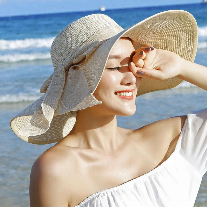 2023 Summer Women Straw Hat Bowknot Wide Brim Floppy Panama Hats Female Lady Outdoor Foldable Beach Sun Cap Uv Protection Hats - KIMLUD