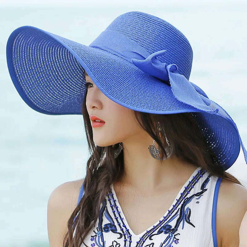 KIMLUD, 2023 Summer Women Straw Hat Bowknot Wide Brim Floppy Panama Hats Female Lady Outdoor Foldable Beach Sun Cap Uv Protection Hats, KIMLUD Womens Clothes