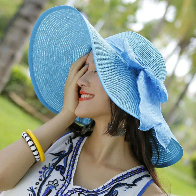 KIMLUD, 2023 Summer Women Straw Hat Bowknot Wide Brim Floppy Panama Hats Female Lady Outdoor Foldable Beach Sun Cap Uv Protection Hats, KIMLUD Womens Clothes