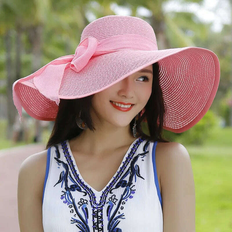 KIMLUD, 2023 Summer Women Straw Hat Bowknot Wide Brim Floppy Panama Hats Female Lady Outdoor Foldable Beach Sun Cap Uv Protection Hats, KIMLUD Womens Clothes