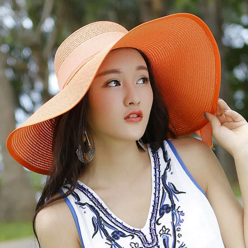 KIMLUD, 2023 Summer Women Straw Hat Bowknot Wide Brim Floppy Panama Hats Female Lady Outdoor Foldable Beach Sun Cap Uv Protection Hats, KIMLUD Womens Clothes