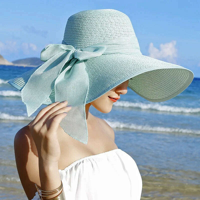 KIMLUD, 2023 Summer Women Straw Hat Bowknot Wide Brim Floppy Panama Hats Female Lady Outdoor Foldable Beach Sun Cap Uv Protection Hats, KIMLUD Womens Clothes