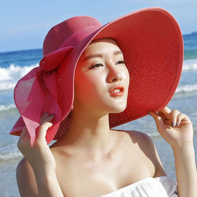 KIMLUD, 2023 Summer Women Straw Hat Bowknot Wide Brim Floppy Panama Hats Female Lady Outdoor Foldable Beach Sun Cap Uv Protection Hats, watermelon Red, KIMLUD Womens Clothes