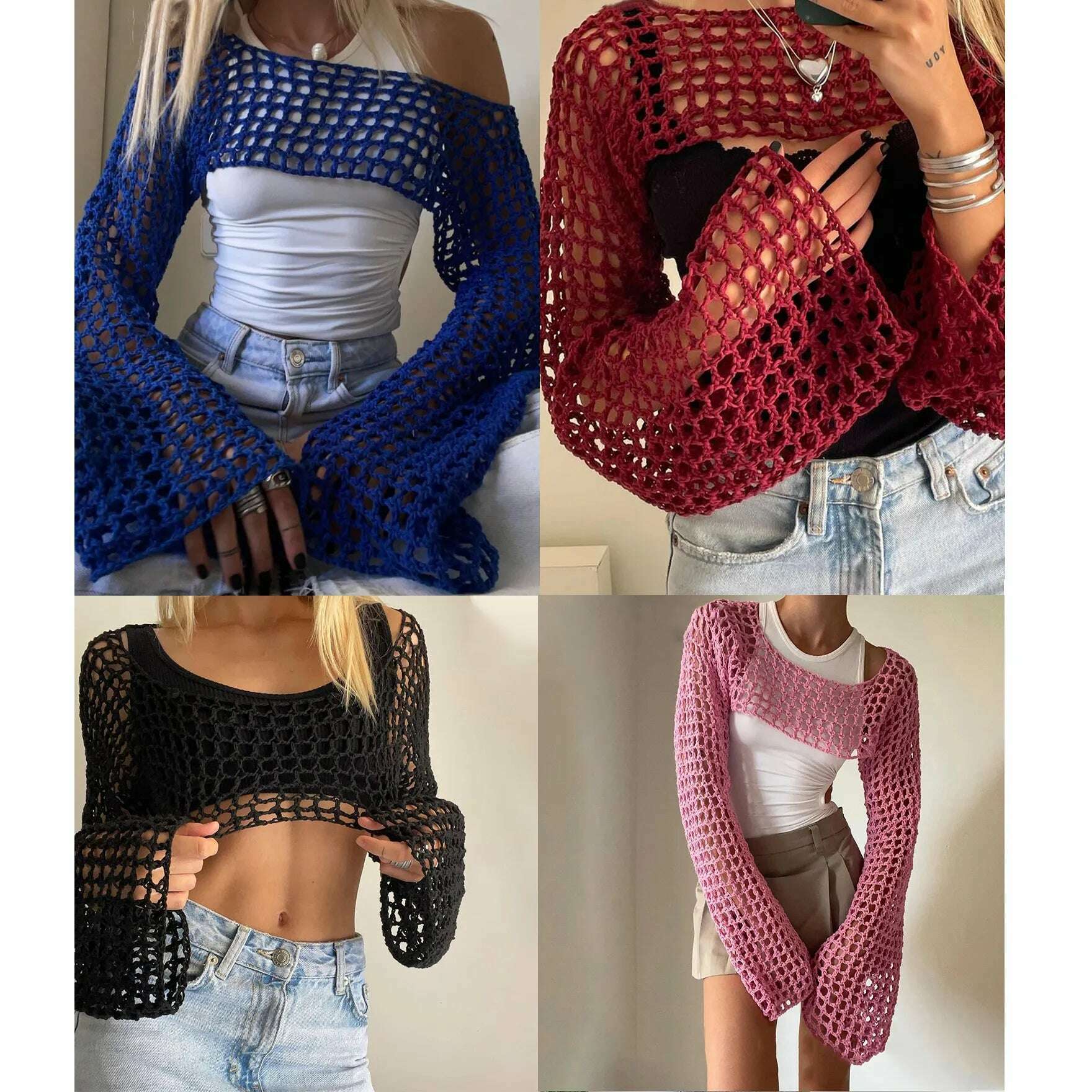 2023 Summer Y2k Crochet Knit Hollow Out Tops Vintage Mesh Top Grunge Clothes 2000s Aesthetic Mesh Sweatshirt Crop Top for Women, KIMLUD Women's Clothes