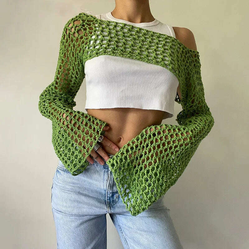 KIMLUD, 2023 Summer Y2k Crochet Knit Hollow Out Tops Vintage Mesh Top Grunge Clothes 2000s Aesthetic Mesh Sweatshirt Crop Top for Women, Green / S, KIMLUD Womens Clothes
