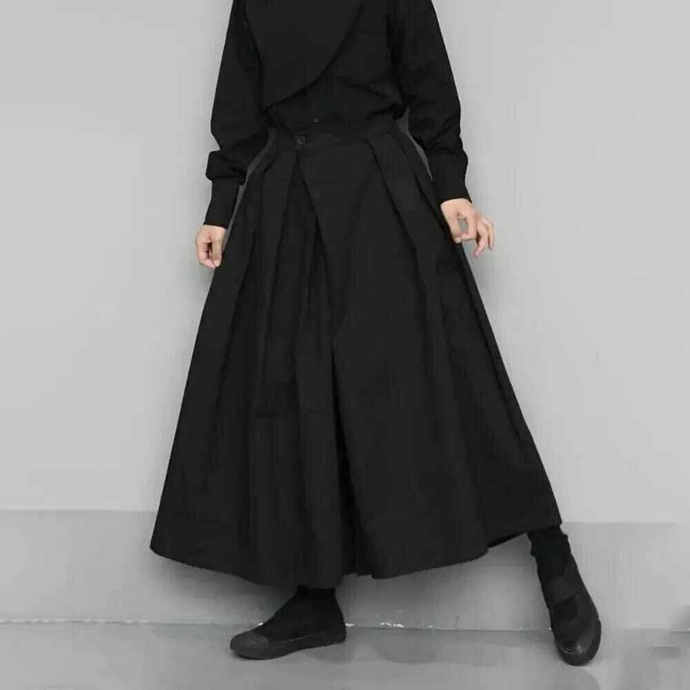 KIMLUD, 2023 Trendy Gothic Dark Style Loose Cropped Hakama Pants Wide Leg Pants New Large Size Design Sense Samurai Pants Men's Clothing, KIMLUD Womens Clothes