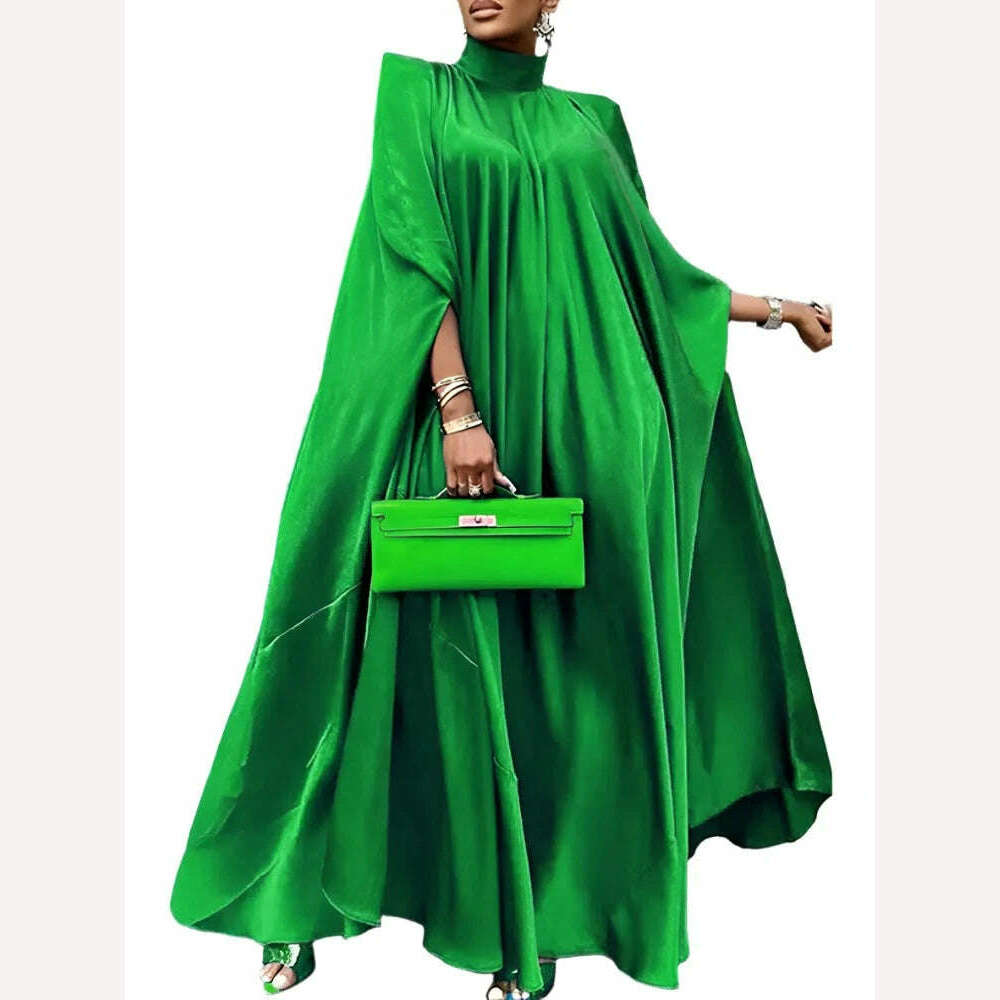 KIMLUD, 2023 VONDA 5XL Plus Size Women Dress Stand Collar Elegant Satin Dress Long Bat Sleeve Evening Pleated Maxi Sundress Casual Robe, Green / XL / CHINA, KIMLUD Womens Clothes