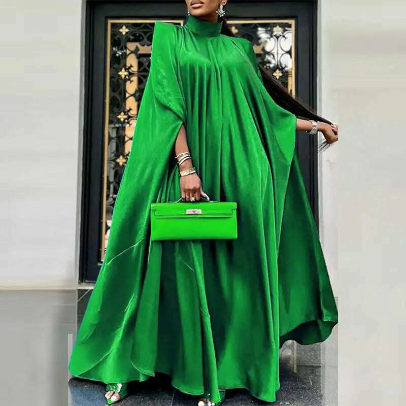 KIMLUD, 2023 VONDA 5XL Plus Size Women Dress Stand Collar Elegant Satin Dress Long Bat Sleeve Evening Pleated Maxi Sundress Casual Robe, KIMLUD Womens Clothes