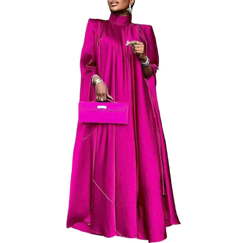 KIMLUD, 2023 VONDA 5XL Plus Size Women Dress Stand Collar Elegant Satin Dress Long Bat Sleeve Evening Pleated Maxi Sundress Casual Robe, KIMLUD Womens Clothes