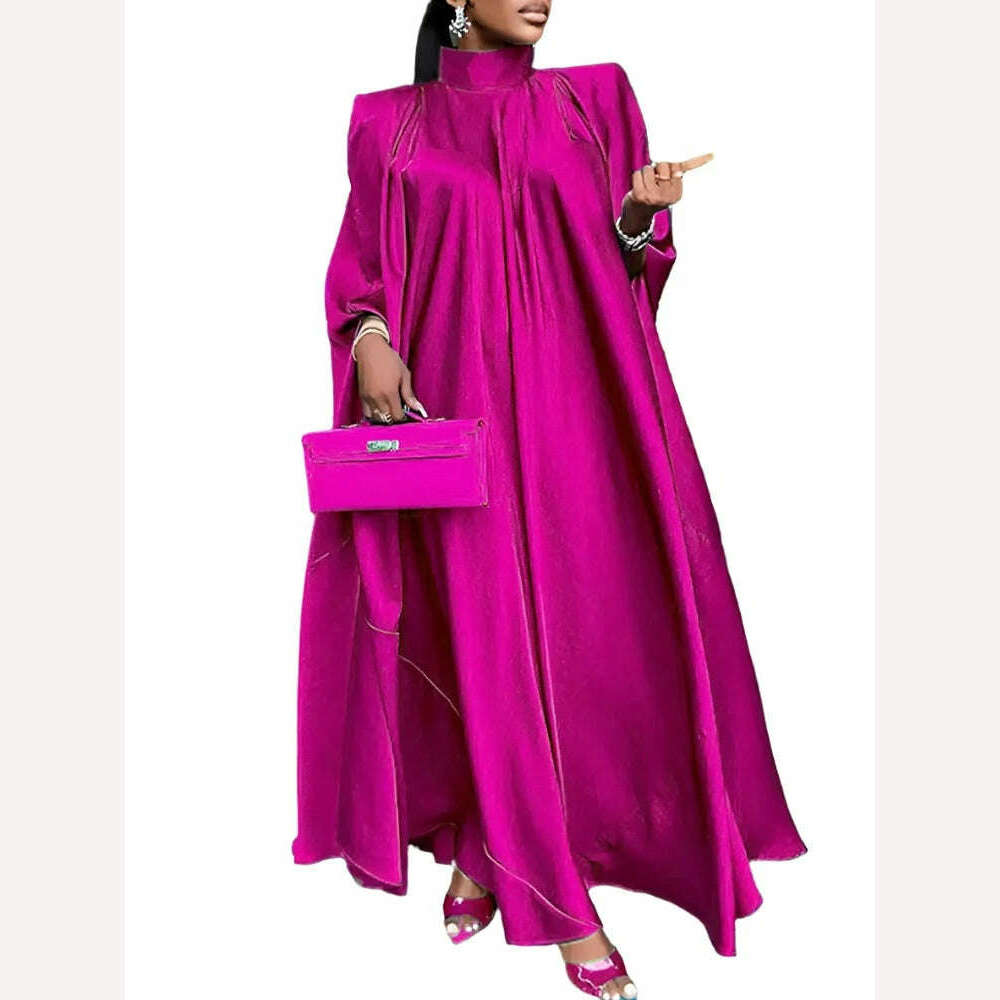 KIMLUD, 2023 VONDA 5XL Plus Size Women Dress Stand Collar Elegant Satin Dress Long Bat Sleeve Evening Pleated Maxi Sundress Casual Robe, KIMLUD Womens Clothes