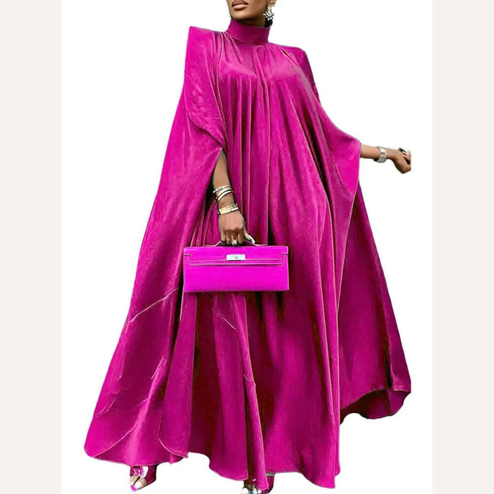 KIMLUD, 2023 VONDA 5XL Plus Size Women Dress Stand Collar Elegant Satin Dress Long Bat Sleeve Evening Pleated Maxi Sundress Casual Robe, Rose / 4XL / CHINA, KIMLUD Womens Clothes