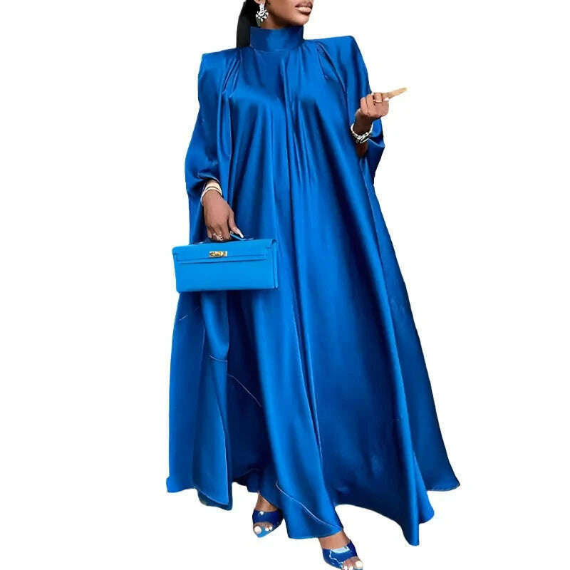 KIMLUD, 2023 VONDA 5XL Plus Size Women Dress Stand Collar Elegant Satin Dress Long Bat Sleeve Evening Pleated Maxi Sundress Casual Robe, KIMLUD Womens Clothes