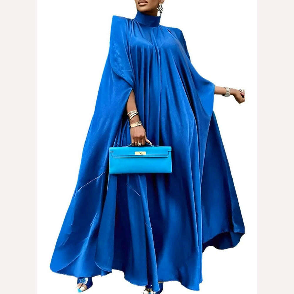 KIMLUD, 2023 VONDA 5XL Plus Size Women Dress Stand Collar Elegant Satin Dress Long Bat Sleeve Evening Pleated Maxi Sundress Casual Robe, Blue / XL / CHINA, KIMLUD Womens Clothes