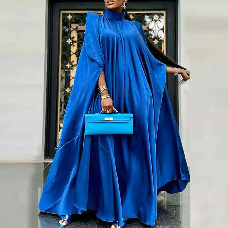 KIMLUD, 2023 VONDA 5XL Plus Size Women Dress Stand Collar Elegant Satin Dress Long Bat Sleeve Evening Pleated Maxi Sundress Casual Robe, KIMLUD Womens Clothes