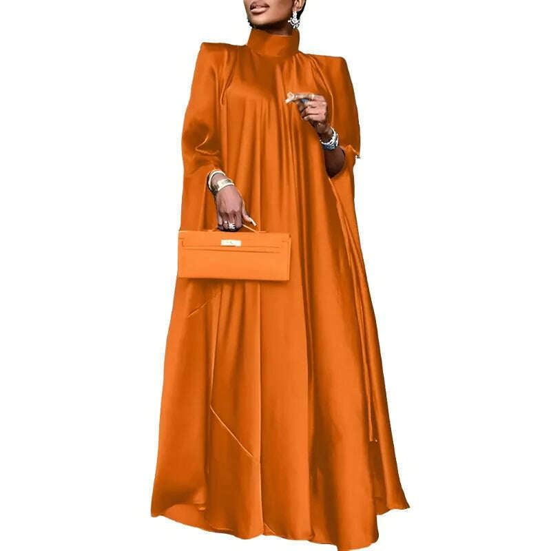 KIMLUD, 2023 VONDA 5XL Plus Size Women Dress Stand Collar Elegant Satin Dress Long Bat Sleeve Evening Pleated Maxi Sundress Casual Robe, KIMLUD Womens Clothes