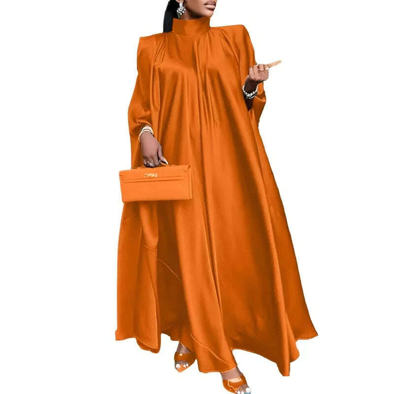KIMLUD, 2023 VONDA 5XL Plus Size Women Dress Stand Collar Elegant Satin Dress Long Bat Sleeve Evening Pleated Maxi Sundress Casual Robe, KIMLUD Womens Clothes