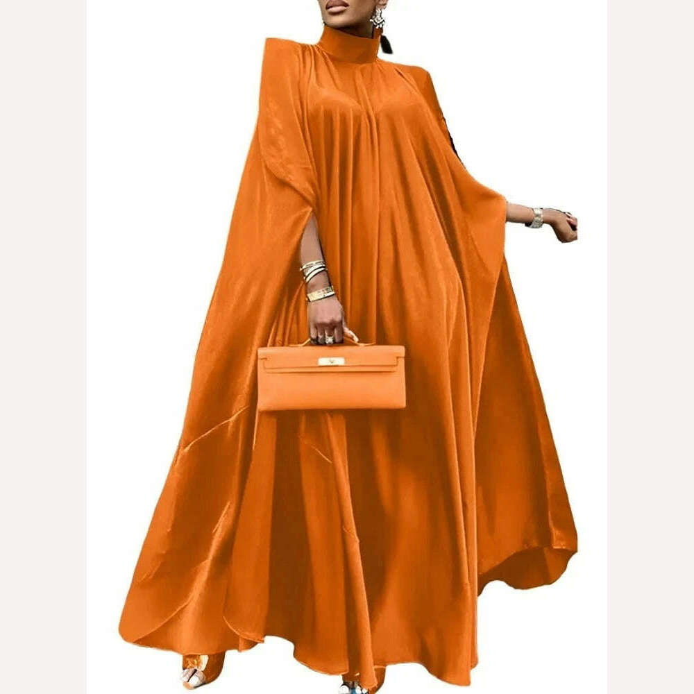 KIMLUD, 2023 VONDA 5XL Plus Size Women Dress Stand Collar Elegant Satin Dress Long Bat Sleeve Evening Pleated Maxi Sundress Casual Robe, Orange / L / CHINA, KIMLUD Womens Clothes
