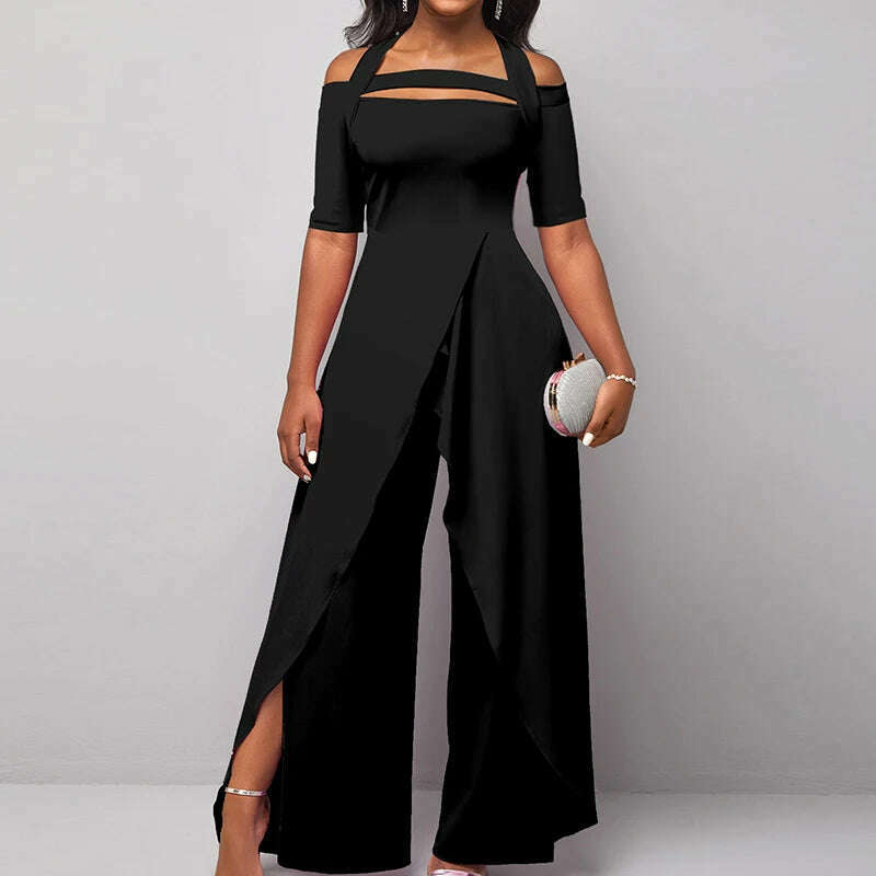 KIMLUD, 2023 Wide Leg Pants Printing Playsuits Women Summer Half Sleeve Fashion Loungewear Jumpsuits Patchwork Streetwear Dropshipping, 11 Solid Black / S, KIMLUD Womens Clothes