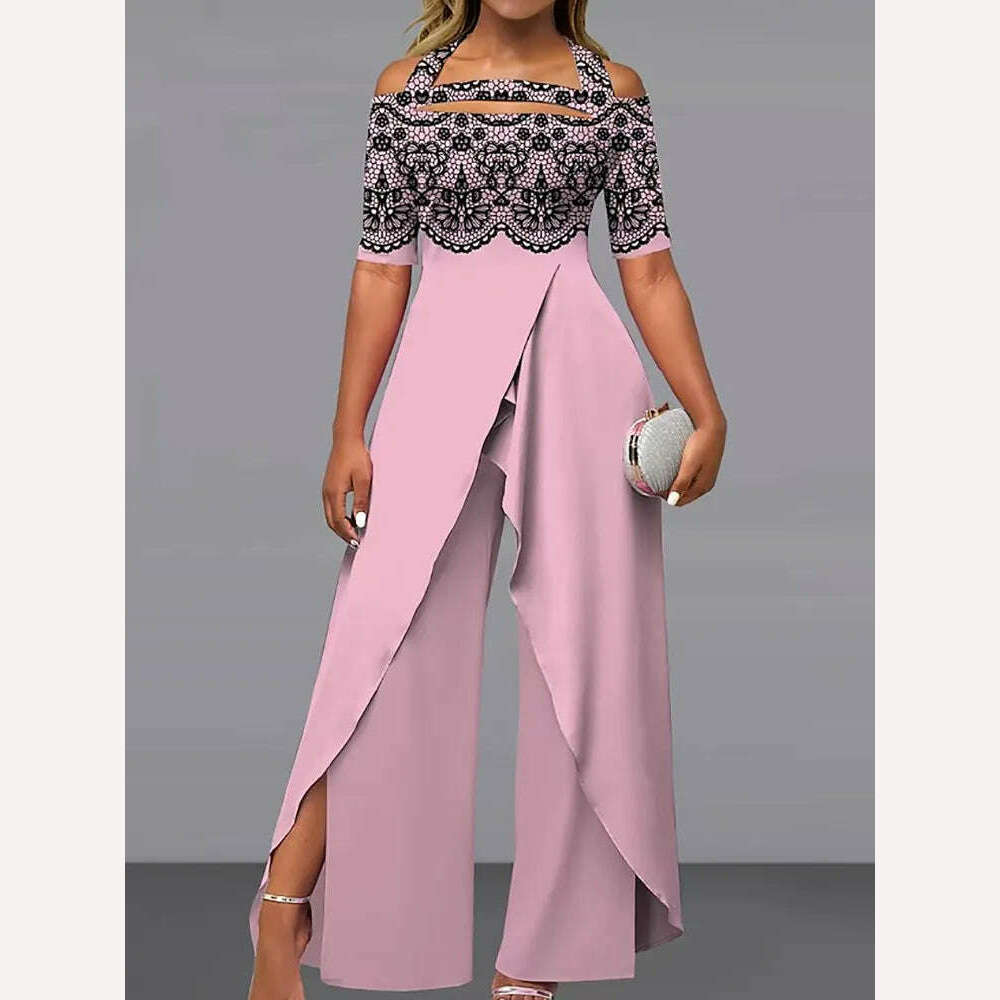 KIMLUD, 2023 Wide Leg Pants Printing Playsuits Women Summer Half Sleeve Fashion Loungewear Jumpsuits Patchwork Streetwear Dropshipping, KIMLUD Women's Clothes