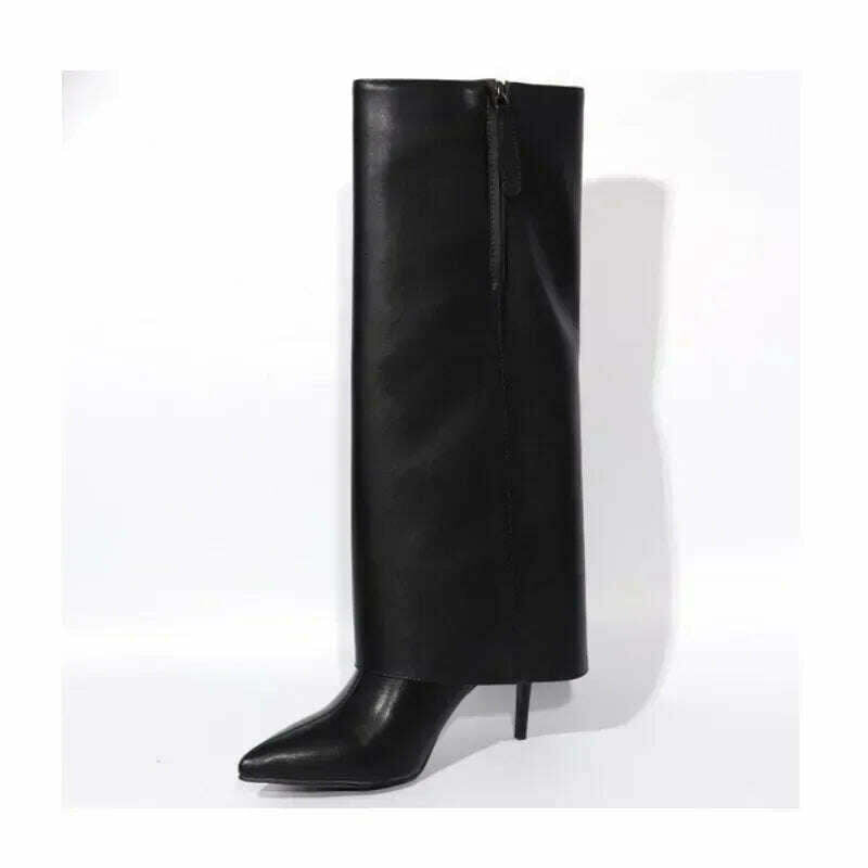 KIMLUD, 2023 Winter Brand New Fashion Black Knee Pants Boots for Women Street Style Zipper Elegant Thin High Heels Big Size Shoes 42 43, KIMLUD Womens Clothes