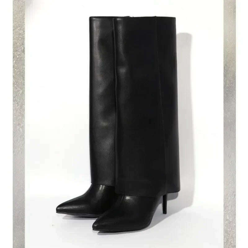 KIMLUD, 2023 Winter Brand New Fashion Black Knee Pants Boots for Women Street Style Zipper Elegant Thin High Heels Big Size Shoes 42 43, KIMLUD Women's Clothes