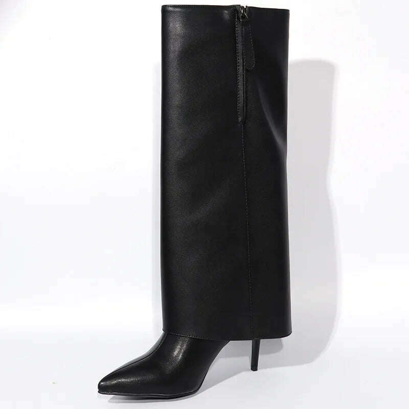 KIMLUD, 2023 Winter Brand New Fashion Black Knee Pants Boots for Women Street Style Zipper Elegant Thin High Heels Big Size Shoes 42 43, KIMLUD Women's Clothes