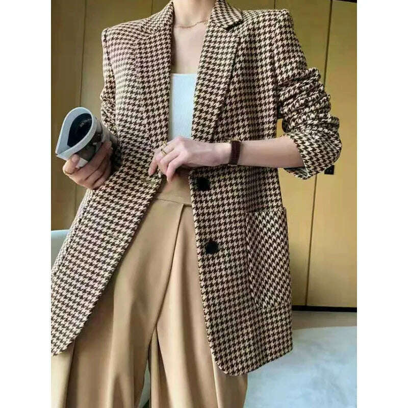 KIMLUD, 2023 Winter Coats Women Blazer Chic Elegant Woman Jacket Autumn Office Lady Casual Plaid Belt Oversize Blazer Women Clothing, KIMLUD Women's Clothes