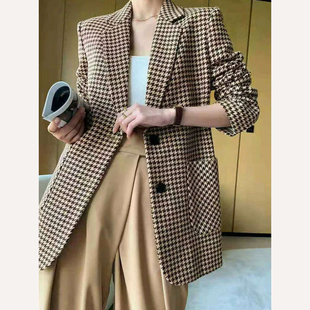 KIMLUD, 2023 Winter Coats Women Blazer Chic Elegant Woman Jacket Autumn Office Lady Casual Plaid Belt Oversize Blazer Women Clothing, Coffee / S, KIMLUD Women's Clothes