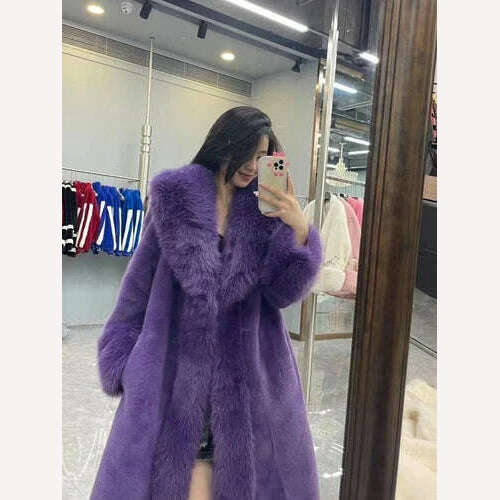 KIMLUD, 2023 Winter Fashion Fur Coat Women's High-End Luxury Mid-Length Fox Fur Collar Mink Fur Coats Warm Elegant Long Fur Jackets, PURPLE / One Size, KIMLUD Women's Clothes