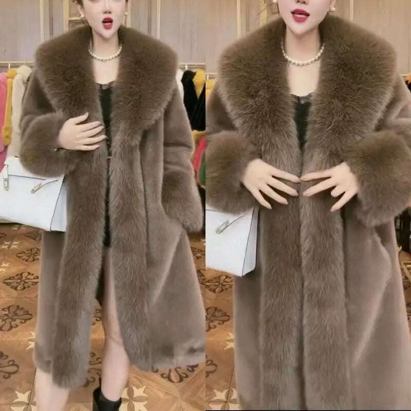 KIMLUD, 2023 Winter Fur Coat Women Thickened Artificial Fox Fur Mid Length Mink All Match Big Fur Collar Long Sleeved  Female Outwear, KIMLUD Women's Clothes
