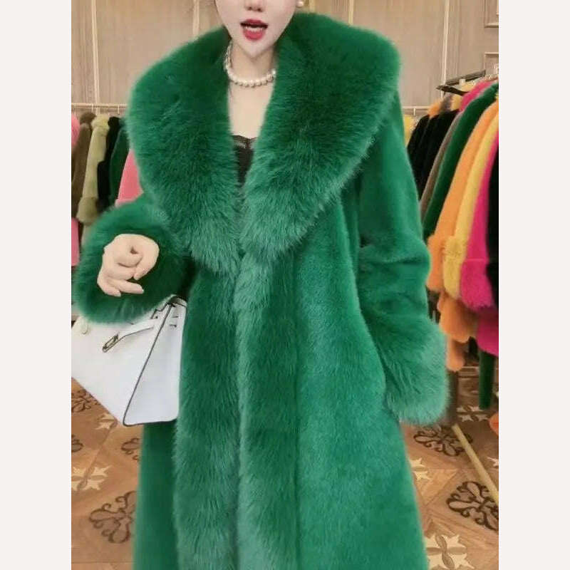 KIMLUD, 2023 Winter Fur Coat Women Thickened Artificial Fox Fur Mid Length Mink All Match Big Fur Collar Long Sleeved  Female Outwear, green / S  35-40kg, KIMLUD Women's Clothes