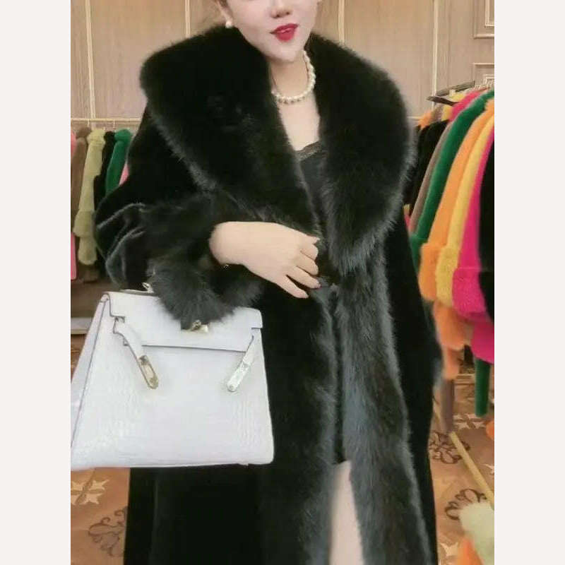 KIMLUD, 2023 Winter Fur Coat Women Thickened Artificial Fox Fur Mid Length Mink All Match Big Fur Collar Long Sleeved  Female Outwear, black / S  35-40kg, KIMLUD Women's Clothes