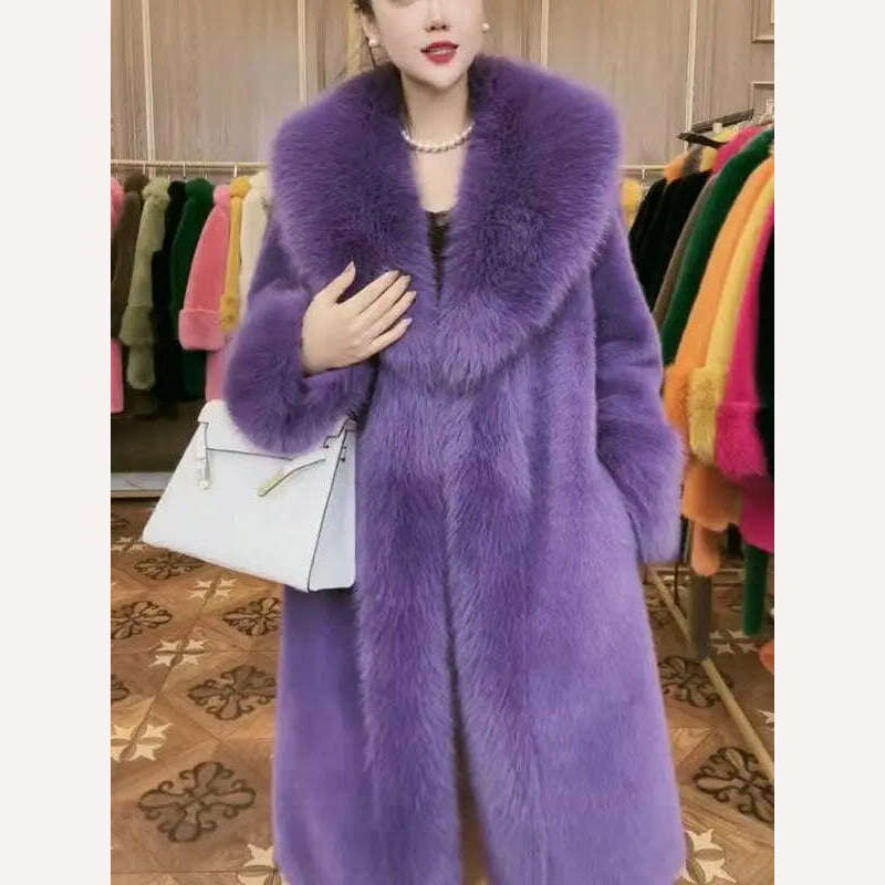 KIMLUD, 2023 Winter Fur Coat Women Thickened Artificial Fox Fur Mid Length Mink All Match Big Fur Collar Long Sleeved  Female Outwear, purple / S  35-40kg, KIMLUD Women's Clothes