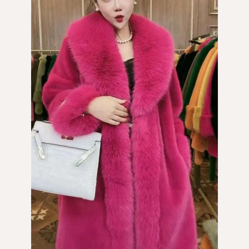 KIMLUD, 2023 Winter Fur Coat Women Thickened Artificial Fox Fur Mid Length Mink All Match Big Fur Collar Long Sleeved  Female Outwear, rose red / S  35-40kg, KIMLUD Women's Clothes