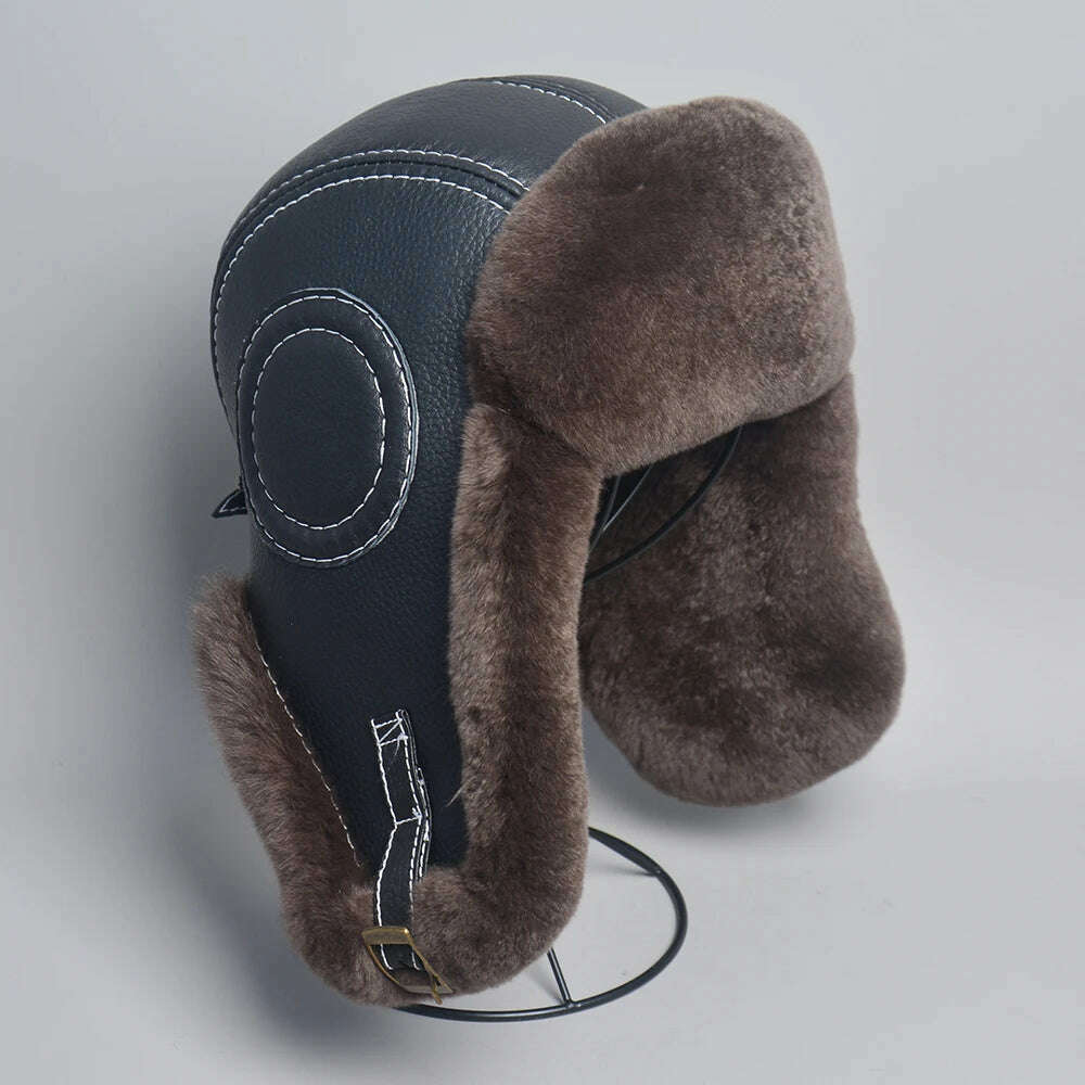 KIMLUD, 2023 Winter Men's 100% Real Rex Rabbit Fur Bomber Hat Ushanka Cap Trapper Russian Man Ski Hats Caps Real Sheepskin Leather, dark brown / 55-56cm, KIMLUD Women's Clothes