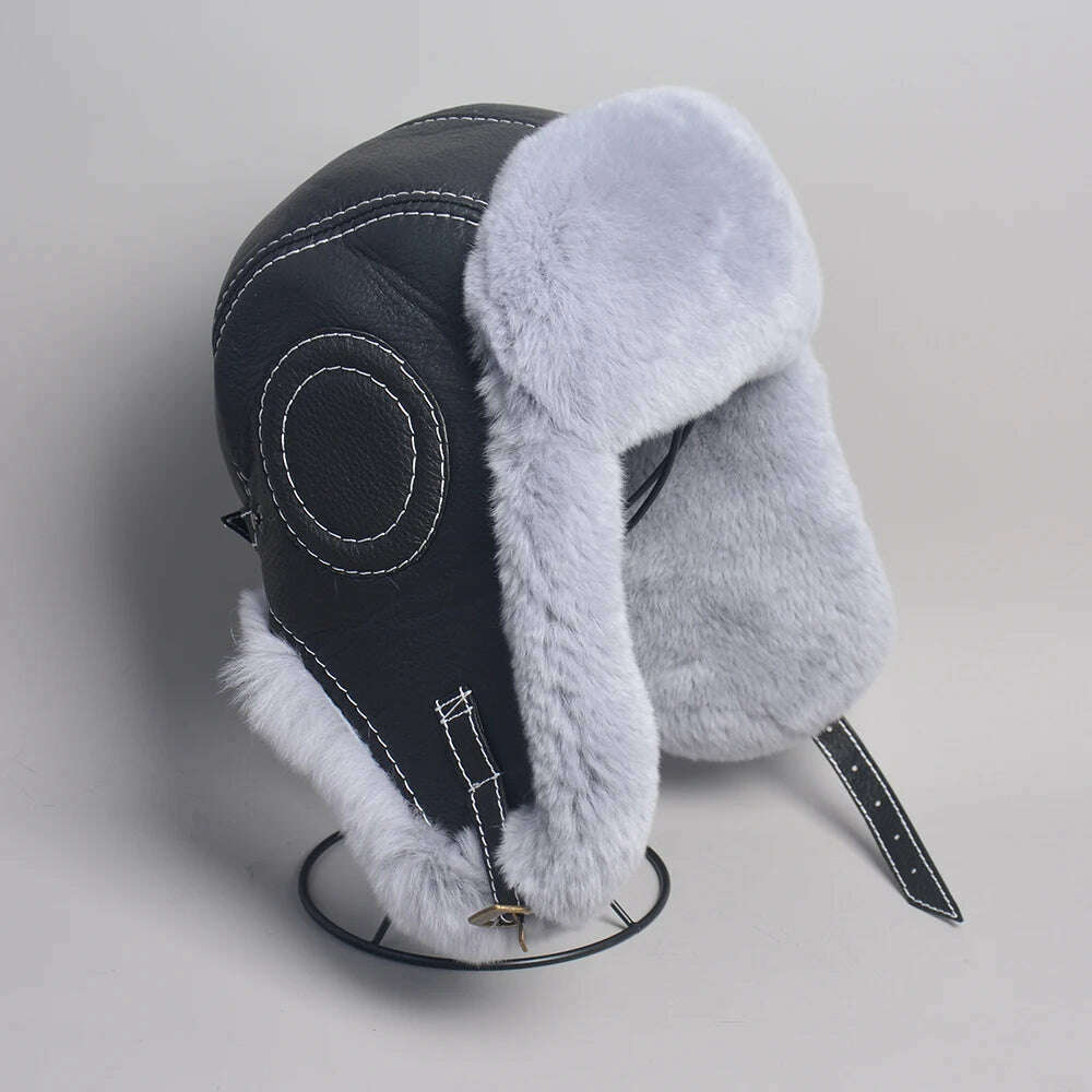KIMLUD, 2023 Winter Men's 100% Real Rex Rabbit Fur Bomber Hat Ushanka Cap Trapper Russian Man Ski Hats Caps Real Sheepskin Leather, light grey / 55-56cm, KIMLUD Womens Clothes