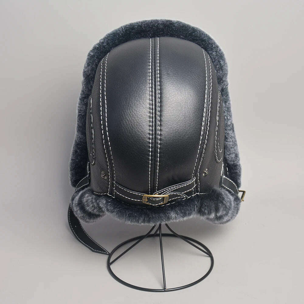 2023 Winter Men's 100% Real Rex Rabbit Fur Bomber Hat Ushanka Cap Trapper Russian Man Ski Hats Caps Real Sheepskin Leather - KIMLUD
