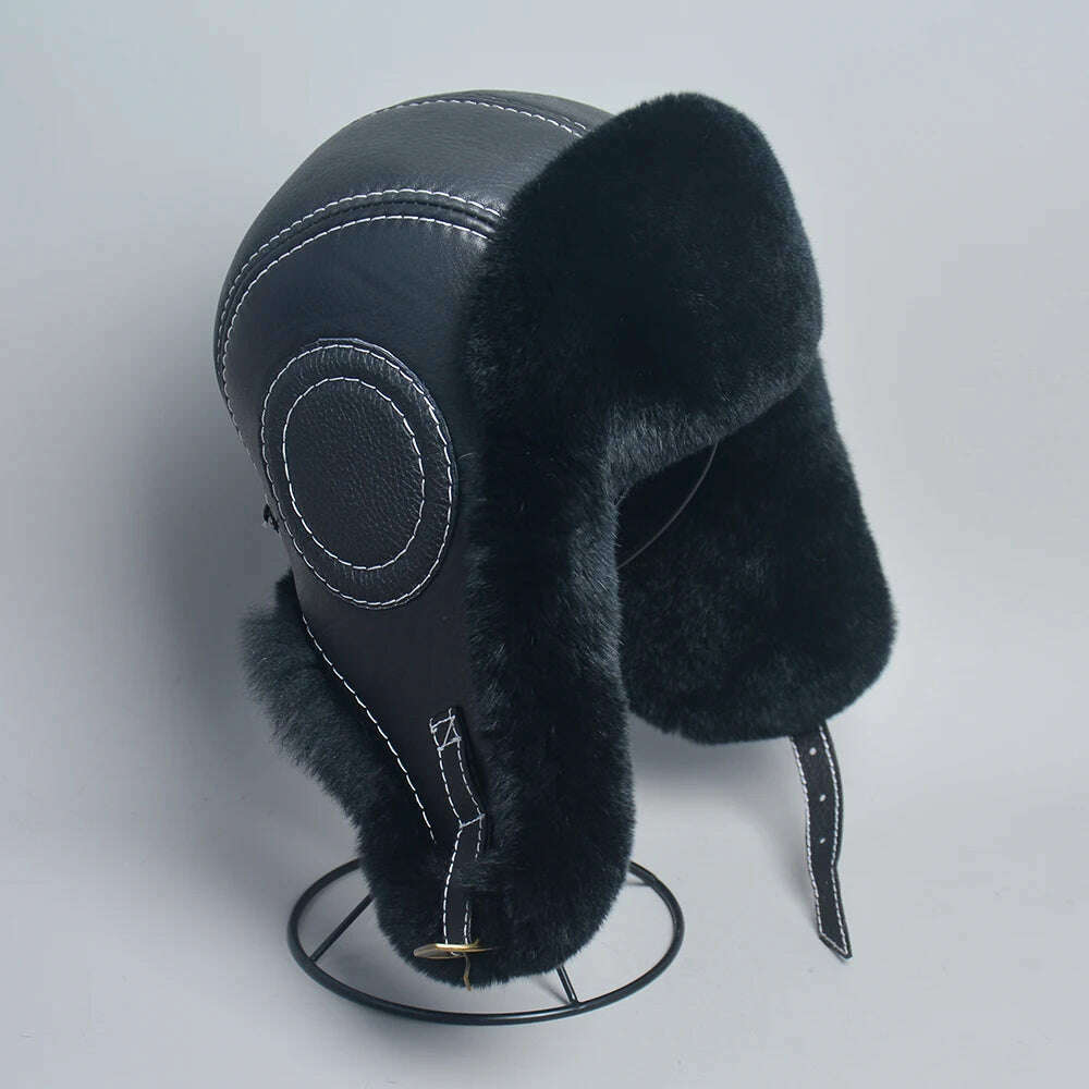 2023 Winter Men's 100% Real Rex Rabbit Fur Bomber Hat Ushanka Cap Trapper Russian Man Ski Hats Caps Real Sheepskin Leather - KIMLUD