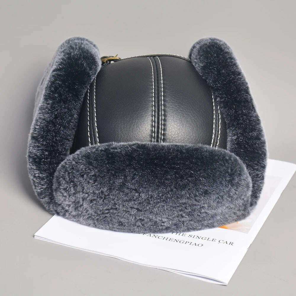 2023 Winter Men's 100% Real Rex Rabbit Fur Bomber Hat Ushanka Cap Trapper Russian Man Ski Hats Caps Real Sheepskin Leather - KIMLUD