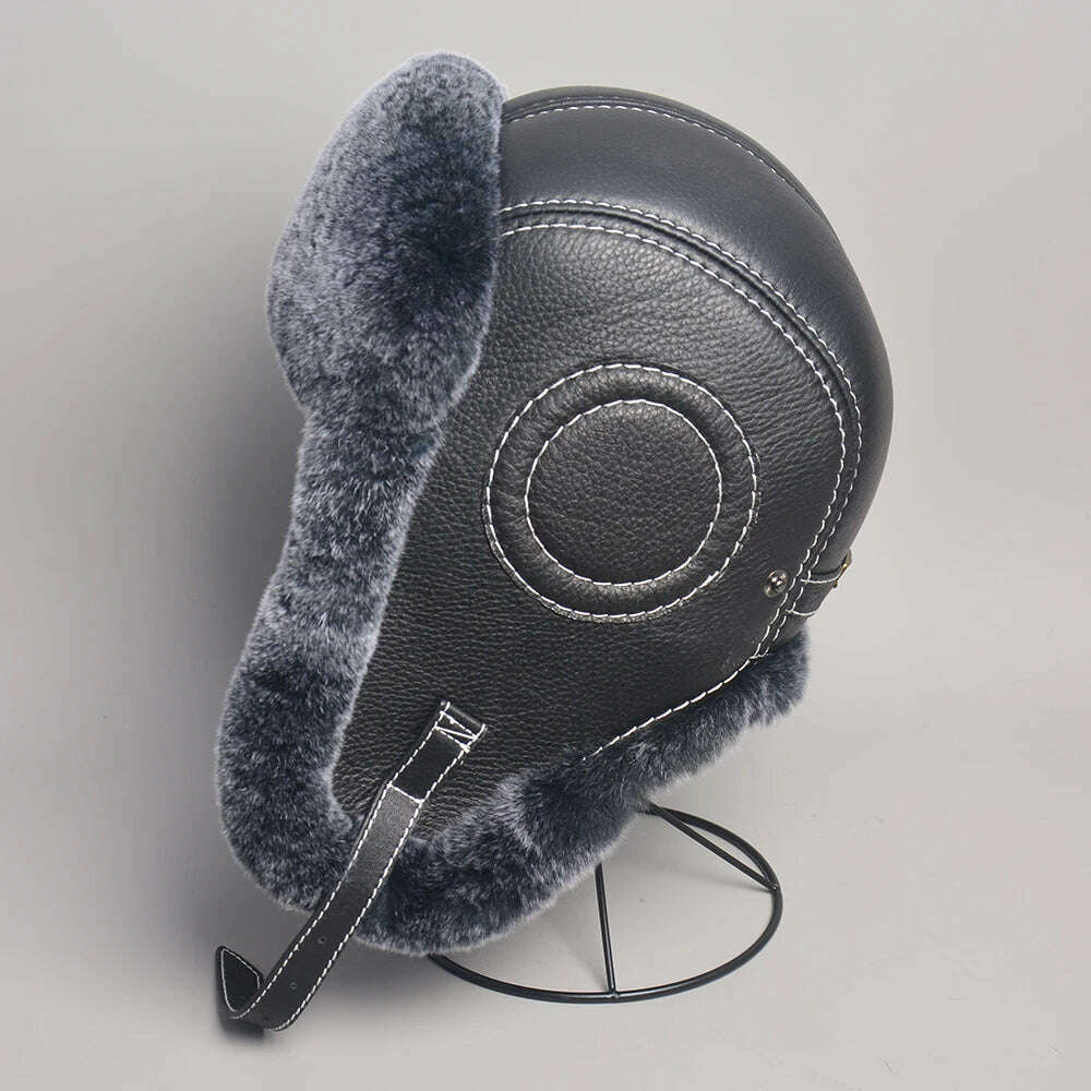 2023 Winter Men's 100% Real Rex Rabbit Fur Bomber Hat Ushanka Cap Trapper Russian Man Ski Hats Caps Real Sheepskin Leather - KIMLUD