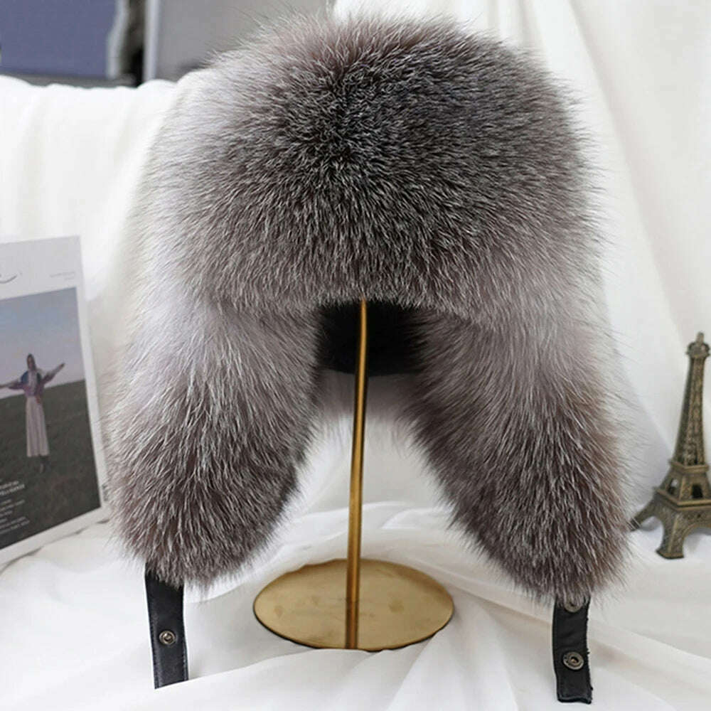 2023 Winter Men's 100% Real Silver Fox Fur Bomber Hat Raccoon Fur Ushanka Cap Trapper Russian Man Ski Hats Caps Real Leather Hat - KIMLUD