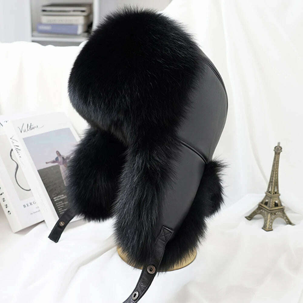 2023 Winter Men's 100% Real Silver Fox Fur Bomber Hat Raccoon Fur Ushanka Cap Trapper Russian Man Ski Hats Caps Real Leather Hat - KIMLUD