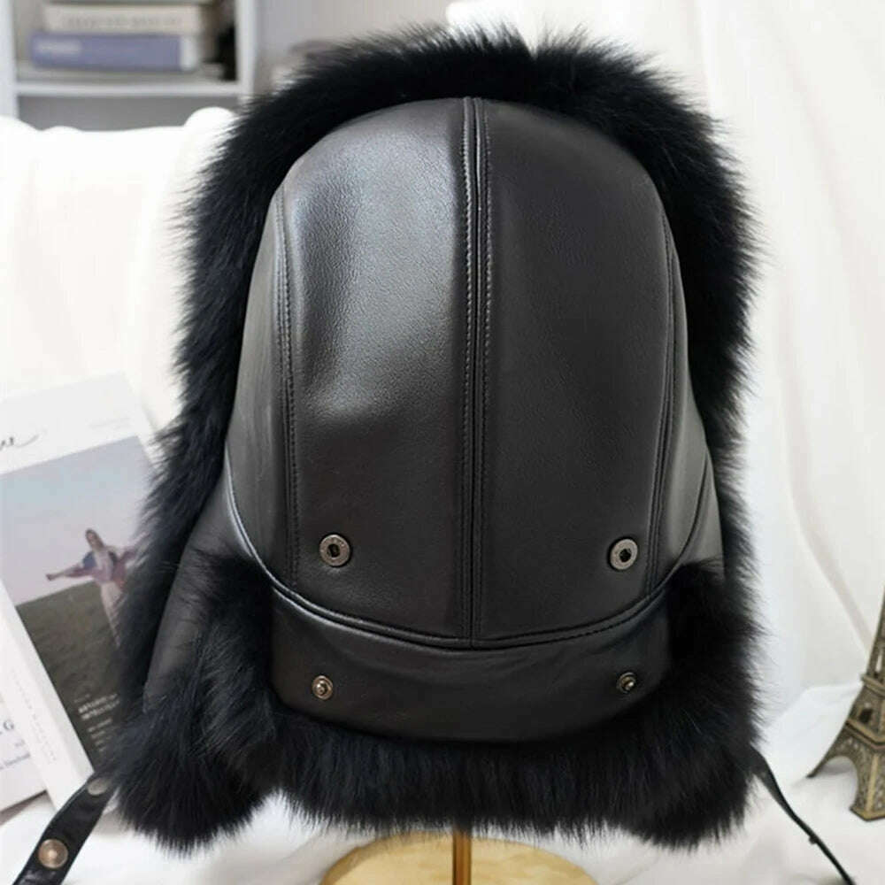 2023 Winter Men's 100% Real Silver Fox Fur Bomber Hat Raccoon Fur Ushanka Cap Trapper Russian Man Ski Hats Caps Real Leather Hat - KIMLUD