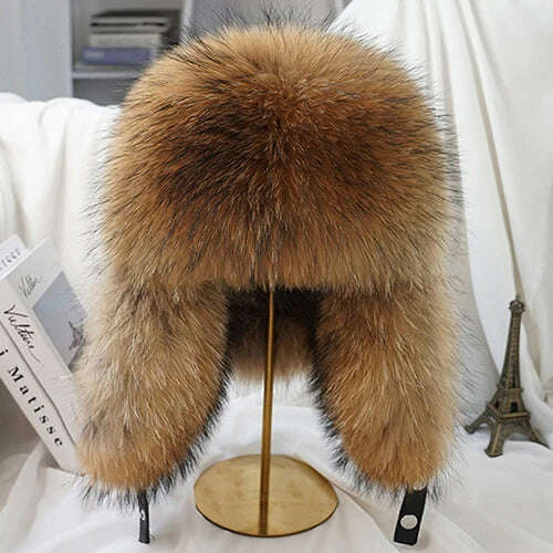2023 Winter Men's 100% Real Silver Fox Fur Bomber Hat Raccoon Fur Ushanka Cap Trapper Russian Man Ski Hats Caps Real Leather Hat - KIMLUD