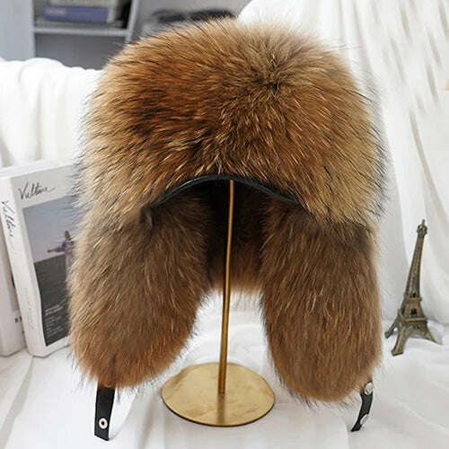 2023 Winter Men's 100% Real Silver Fox Fur Bomber Hat Raccoon Fur Ushanka Cap Trapper Russian Man Ski Hats Caps Real Leather Hat - KIMLUD