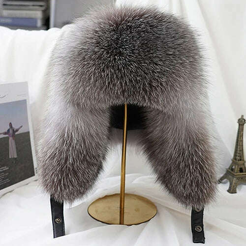 2023 Winter Men's 100% Real Silver Fox Fur Bomber Hat Raccoon Fur Ushanka Cap Trapper Russian Man Ski Hats Caps Real Leather Hat - KIMLUD