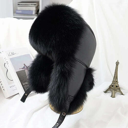 2023 Winter Men's 100% Real Silver Fox Fur Bomber Hat Raccoon Fur Ushanka Cap Trapper Russian Man Ski Hats Caps Real Leather Hat - KIMLUD
