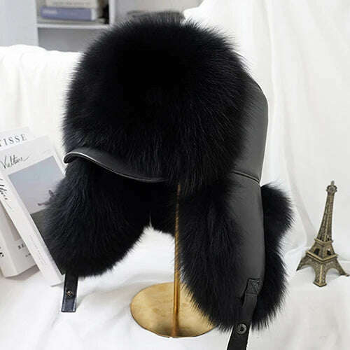 2023 Winter Men's 100% Real Silver Fox Fur Bomber Hat Raccoon Fur Ushanka Cap Trapper Russian Man Ski Hats Caps Real Leather Hat - KIMLUD