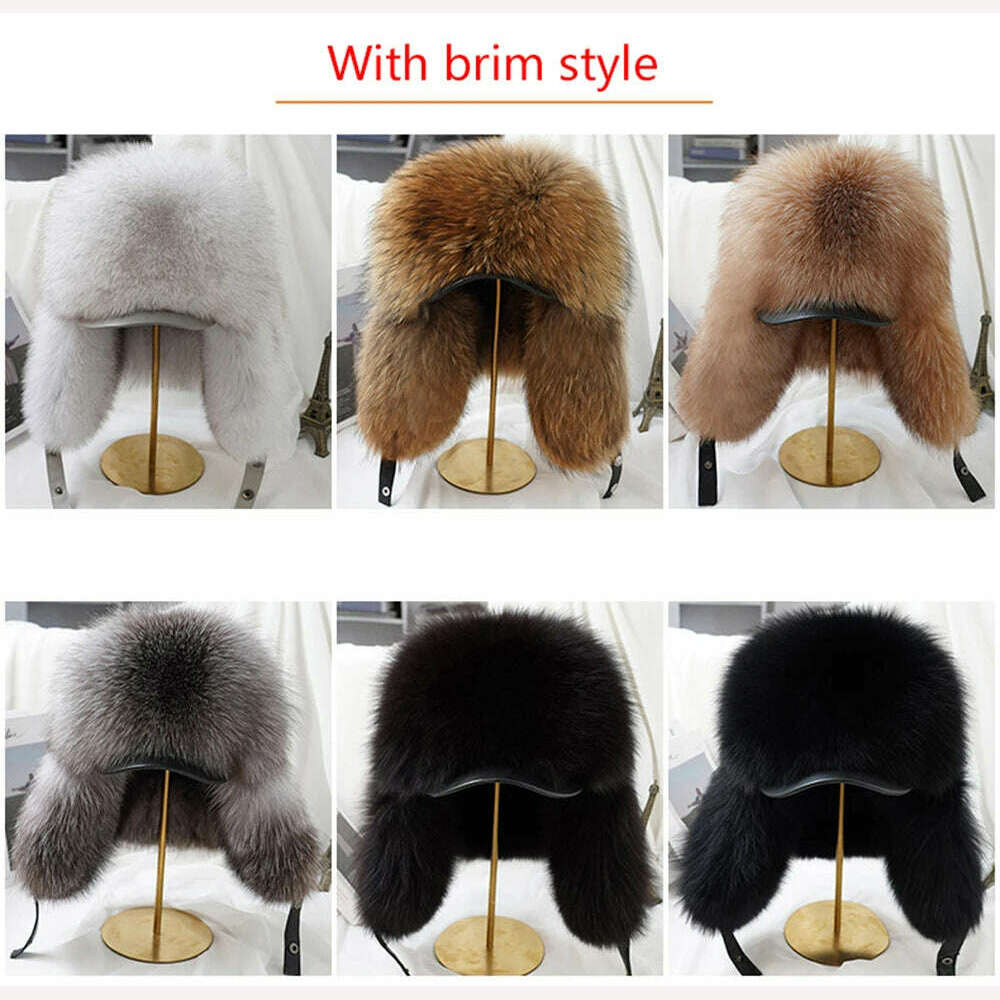 2023 Winter Men's 100% Real Silver Fox Fur Bomber Hat Raccoon Fur Ushanka Cap Trapper Russian Man Ski Hats Caps Real Leather Hat - KIMLUD