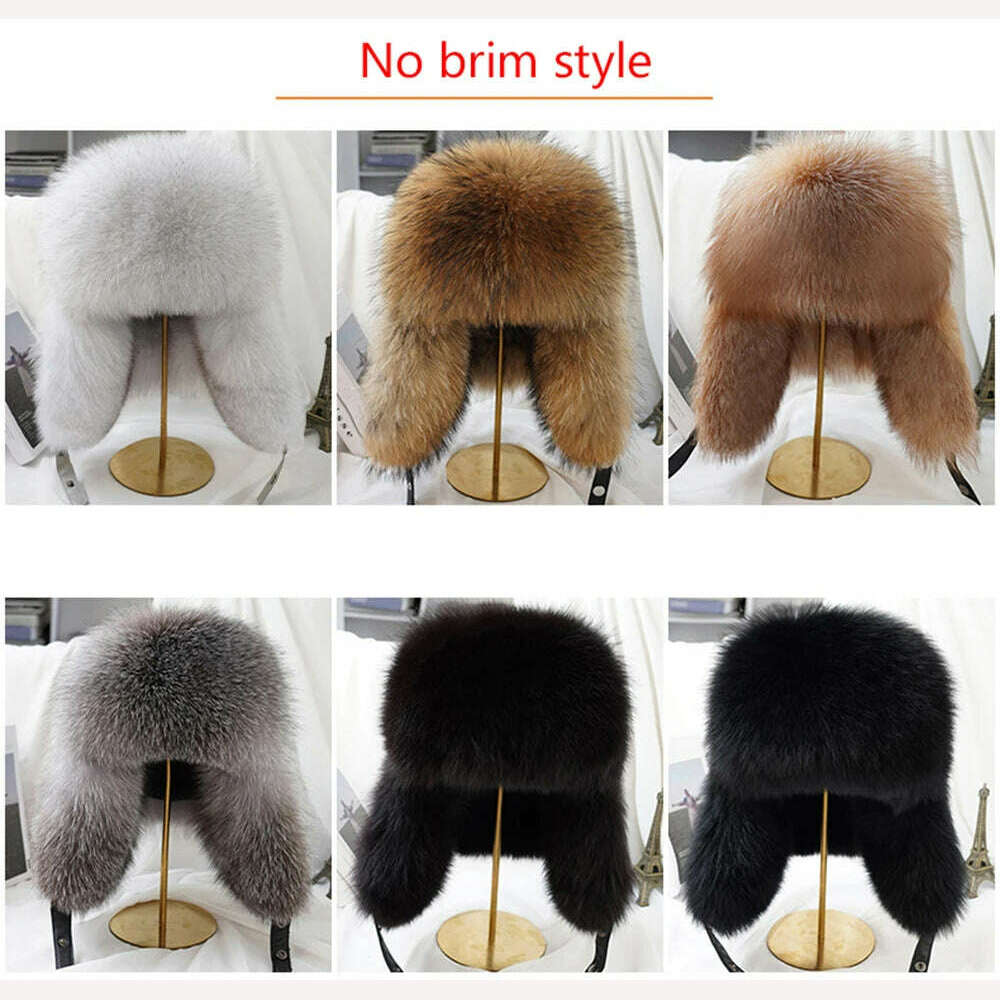 2023 Winter Men's 100% Real Silver Fox Fur Bomber Hat Raccoon Fur Ushanka Cap Trapper Russian Man Ski Hats Caps Real Leather Hat - KIMLUD
